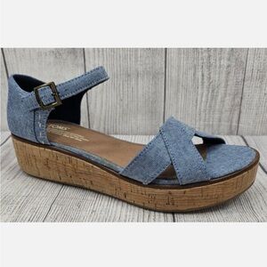 TOMS Light Blue Denim Chambray Open Toe Wedge Sandal with Cork Platform